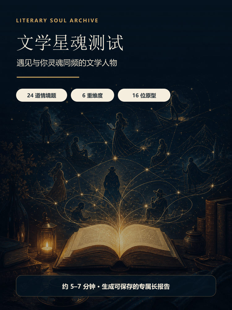 文学人物原型测试商品主图，深蓝金色星魂书卷展示十六位文学人物原型