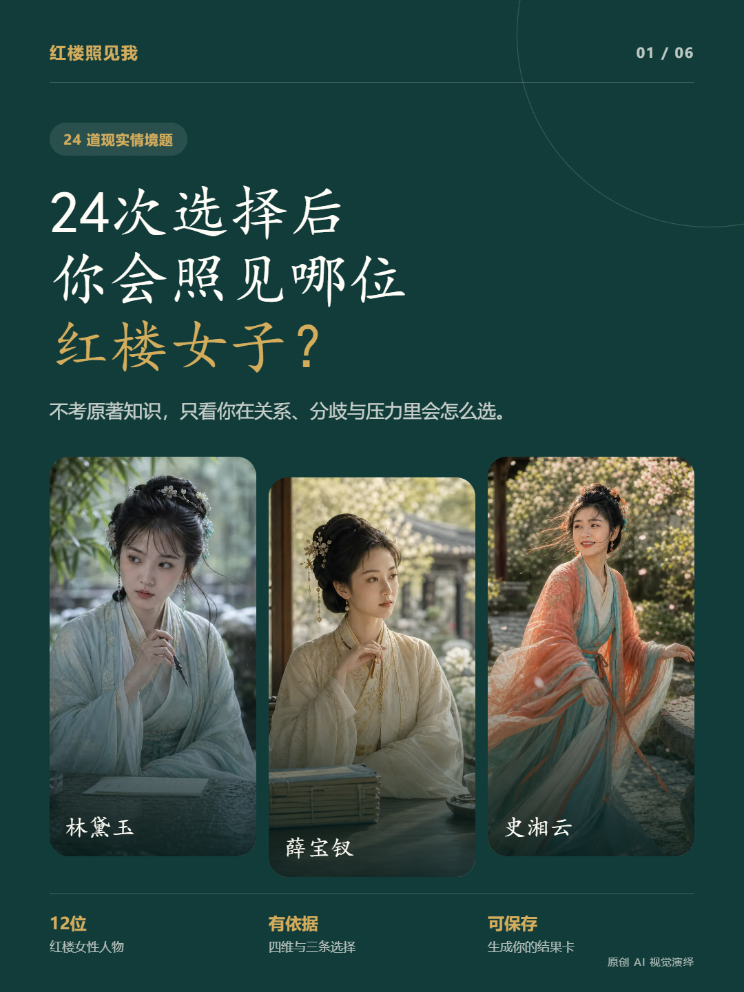 红楼照见我新版商品详情图，展示三位红楼女性人物与测试说明